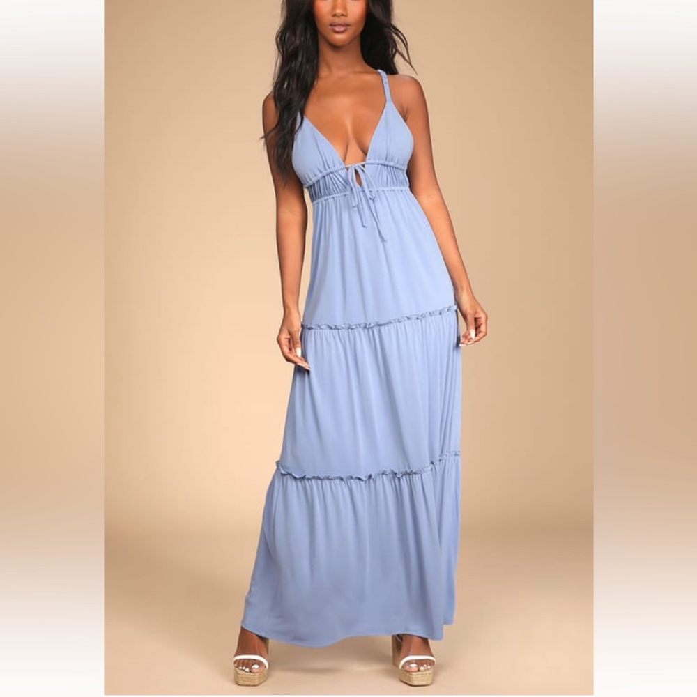 Light Blue Ruffled Maxi Dress with drawstring accent